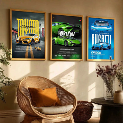 Big Toyota Supra, Lamborghini Huracan, bugatti Chiron Cars Wall Art Paintings for Living Room Bedroom