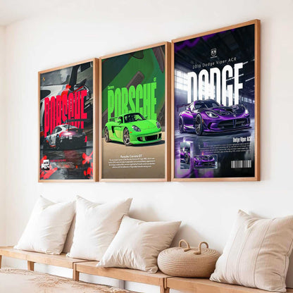 Big Porsche 911 GT3, Porsche Carrera GT, Dodge Viper Cars Wall Art Paintings for Living Room Bedroom