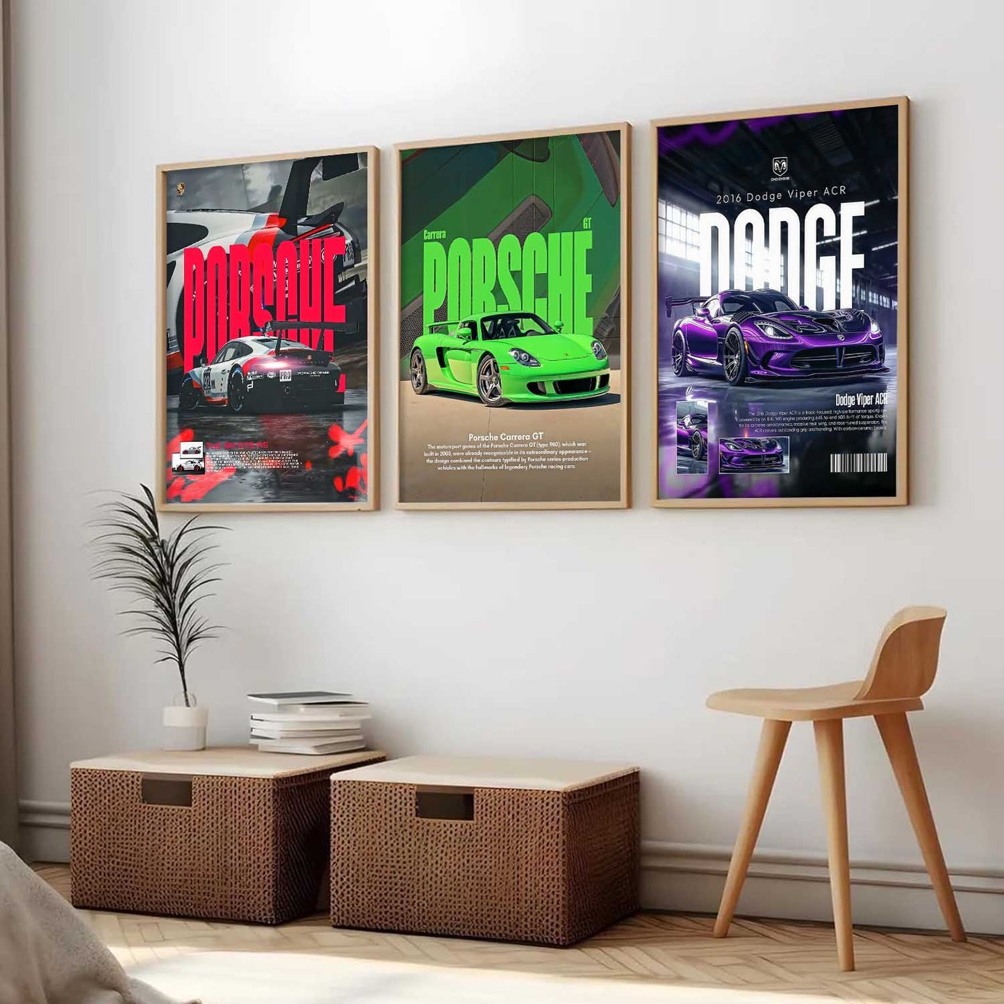 Big Porsche 911 GT3, Porsche Carrera GT, Dodge Viper Cars Wall Art Paintings for Living Room Bedroom