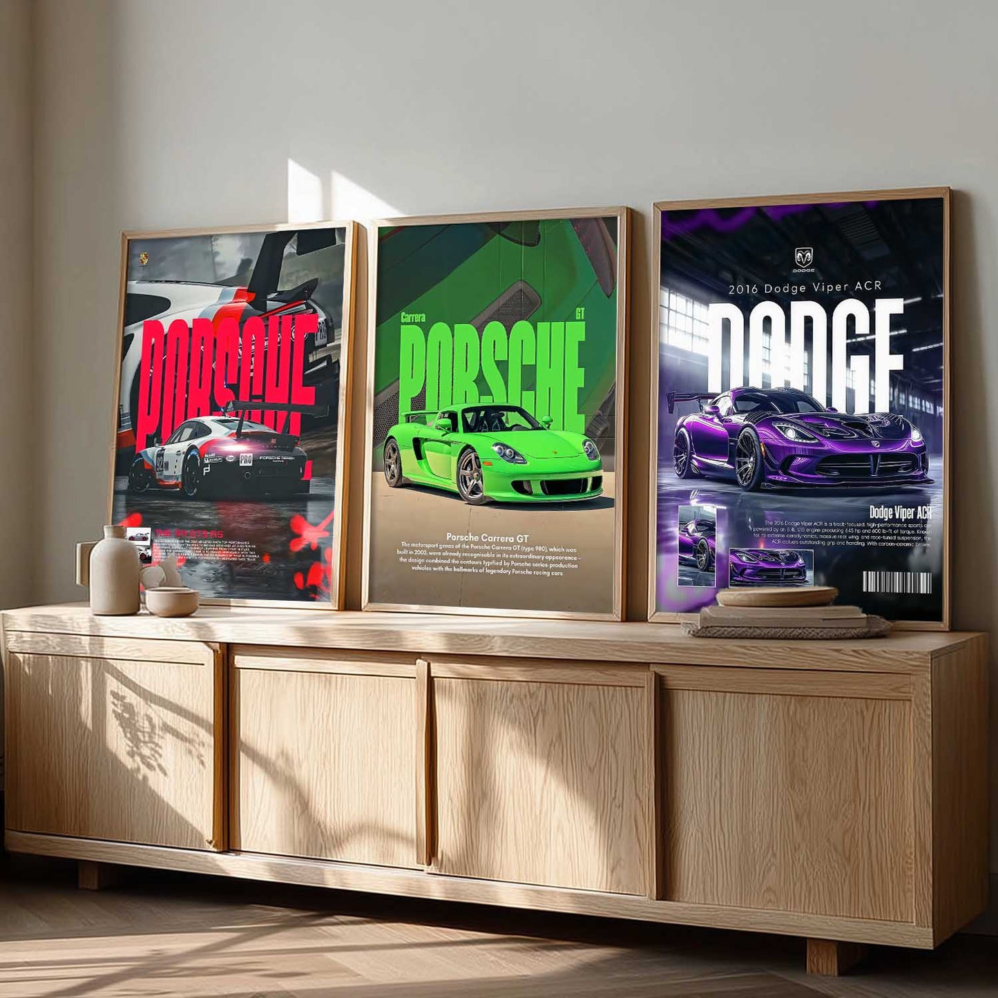 Big Porsche 911 GT3, Porsche Carrera GT, Dodge Viper Cars Wall Art Paintings for Living Room Bedroom