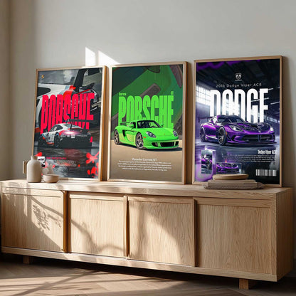 Big Porsche 911 GT3, Porsche Carrera GT, Dodge Viper Cars Wall Art Paintings for Living Room Bedroom