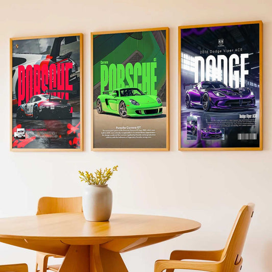 Big Porsche 911 GT3, Porsche Carrera GT, Dodge Viper Cars Wall Art Paintings for Living Room Bedroom