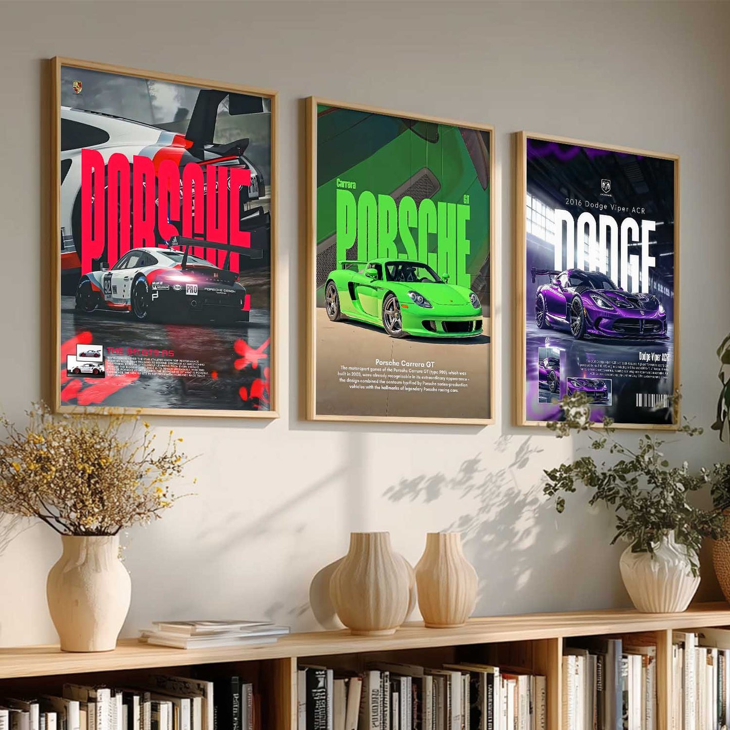 Big Porsche 911 GT3, Porsche Carrera GT, Dodge Viper Cars Wall Art Paintings for Living Room Bedroom