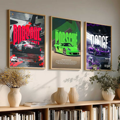 Big Porsche 911 GT3, Porsche Carrera GT, Dodge Viper Cars Wall Art Paintings for Living Room Bedroom