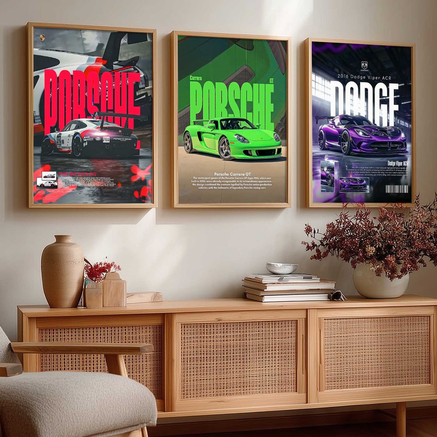 Big Porsche 911 GT3, Porsche Carrera GT, Dodge Viper Cars Wall Art Paintings for Living Room Bedroom