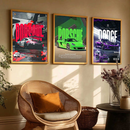 Big Porsche 911 GT3, Porsche Carrera GT, Dodge Viper Cars Wall Art Paintings for Living Room Bedroom