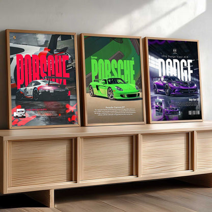 Big Porsche 911 GT3, Porsche Carrera GT, Dodge Viper Cars Wall Art Paintings for Living Room Bedroom