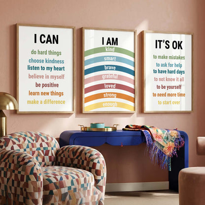Daily Affirmation Wall Art Set of 3 Framed Prints for Study Room