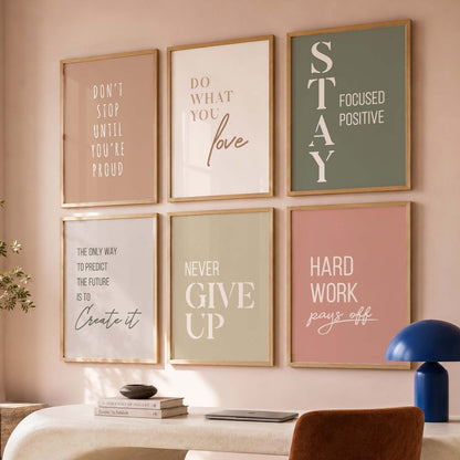 Study School Motivational Quotes Wall Art Set of 6 Framed Prints for Home Office