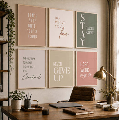 Study School Motivational Quotes Wall Art Set of 6 Framed Prints for Home Office