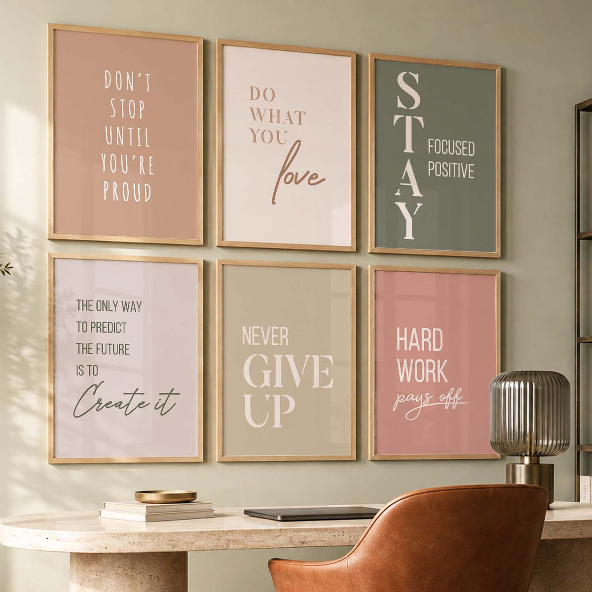 Study School Motivational Quotes Wall Art Set of 6 Framed Prints for Home Office