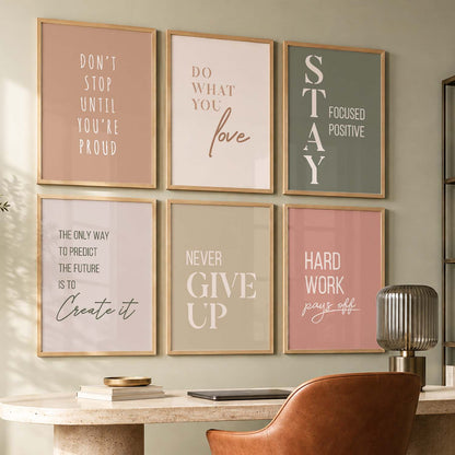 Study School Motivational Quotes Wall Art Set of 6 Framed Prints for Home Office