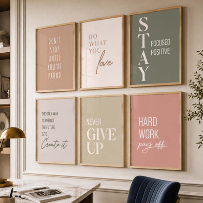 Study School Motivational Quotes Wall Art Set of 6 Framed Prints for Home Office