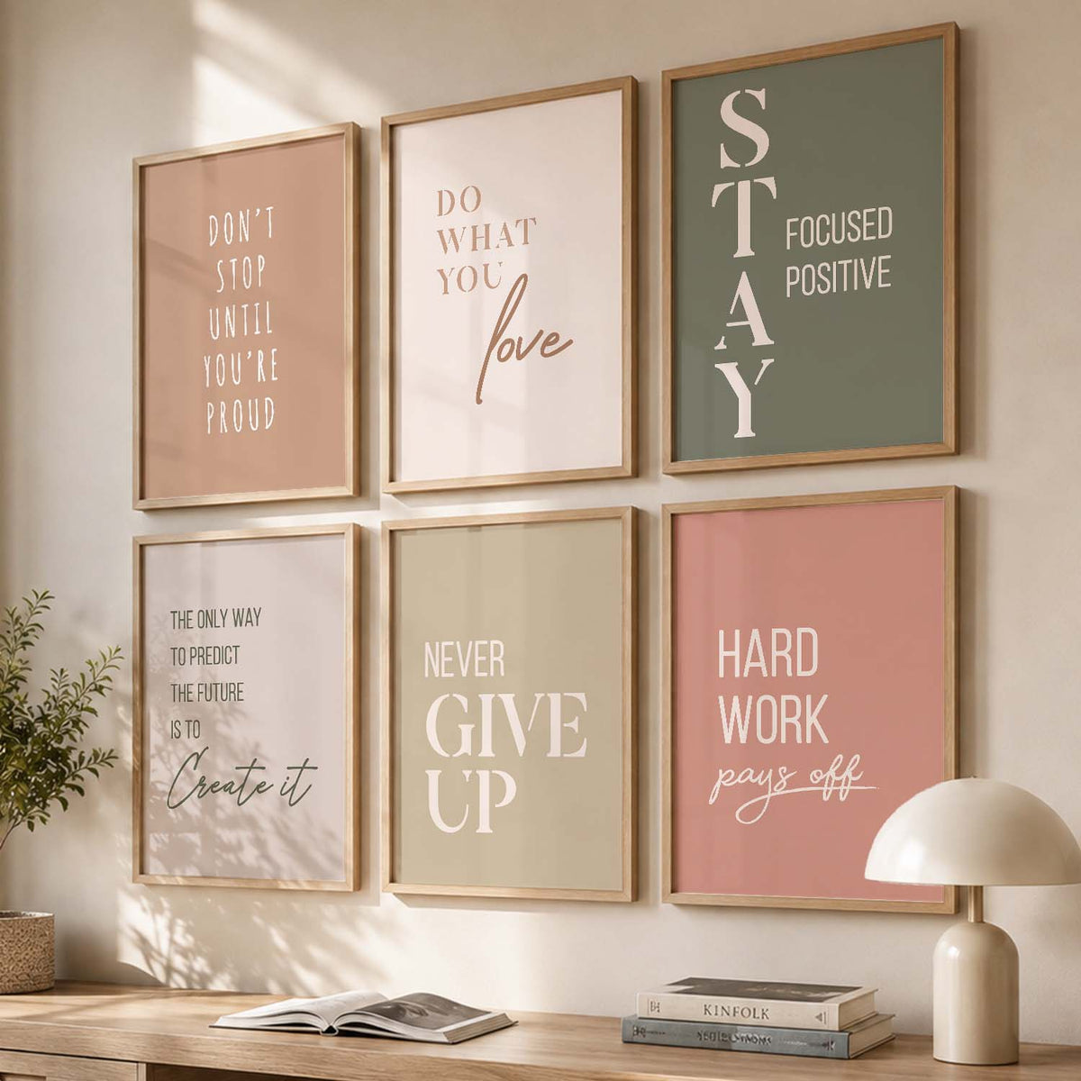 Study School Motivational Quotes Wall Art Set of 6 Framed Prints for Home Office