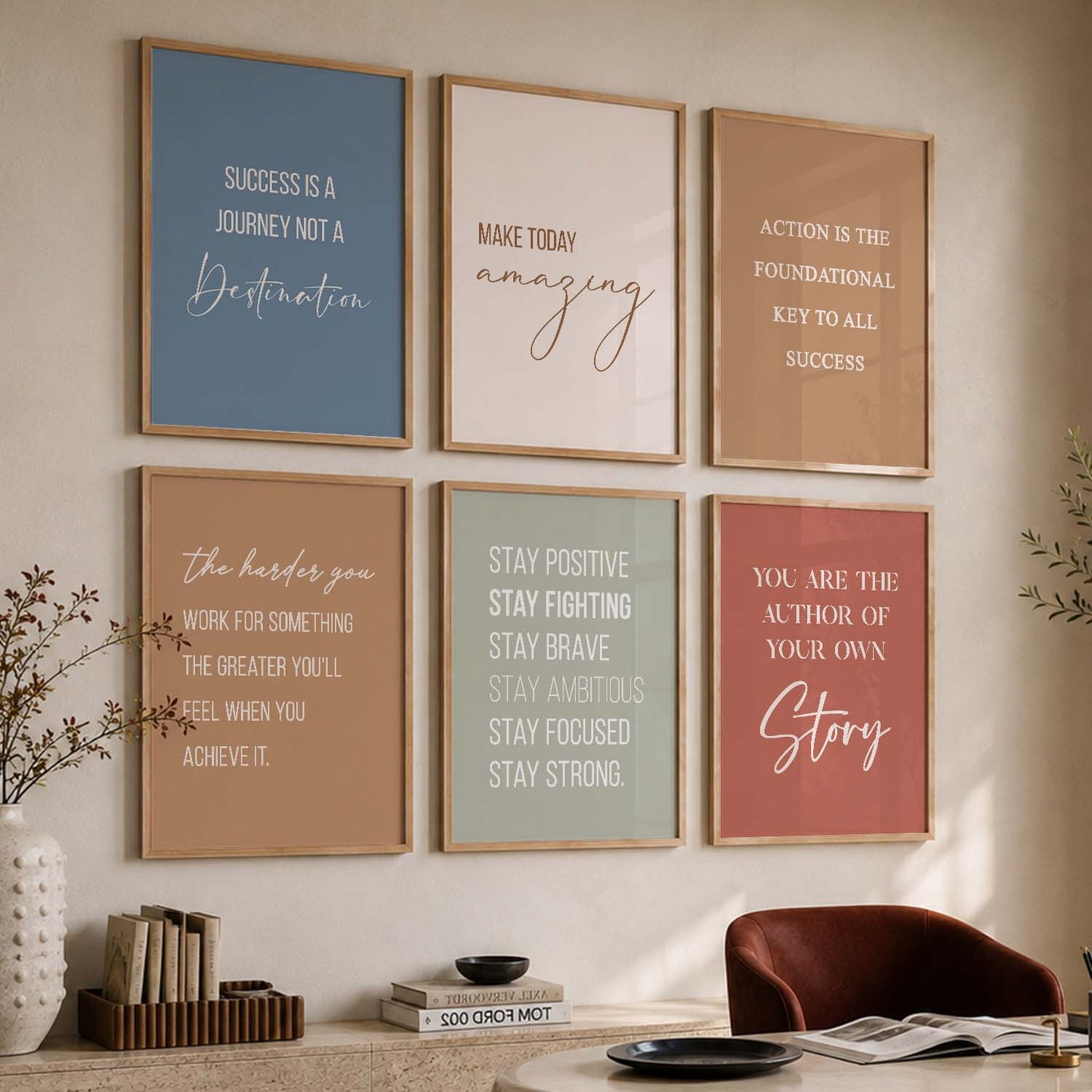 Study School Motivational Quotes Wall Art Set of 6 Framed Prints for Bedroom