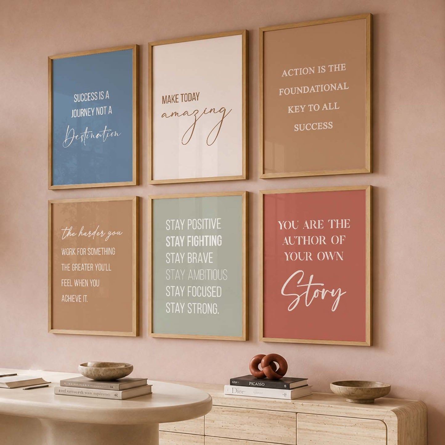 Study School Motivational Quotes Wall Art Set of 6 Framed Prints for Bedroom