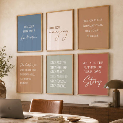 Study School Motivational Quotes Wall Art Set of 6 Framed Prints for Bedroom