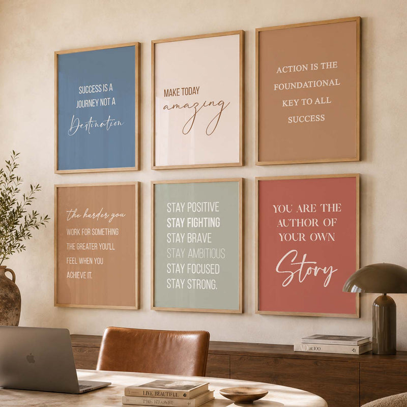 Study School Motivational Quotes Wall Art Set of 6 Framed Prints for Bedroom