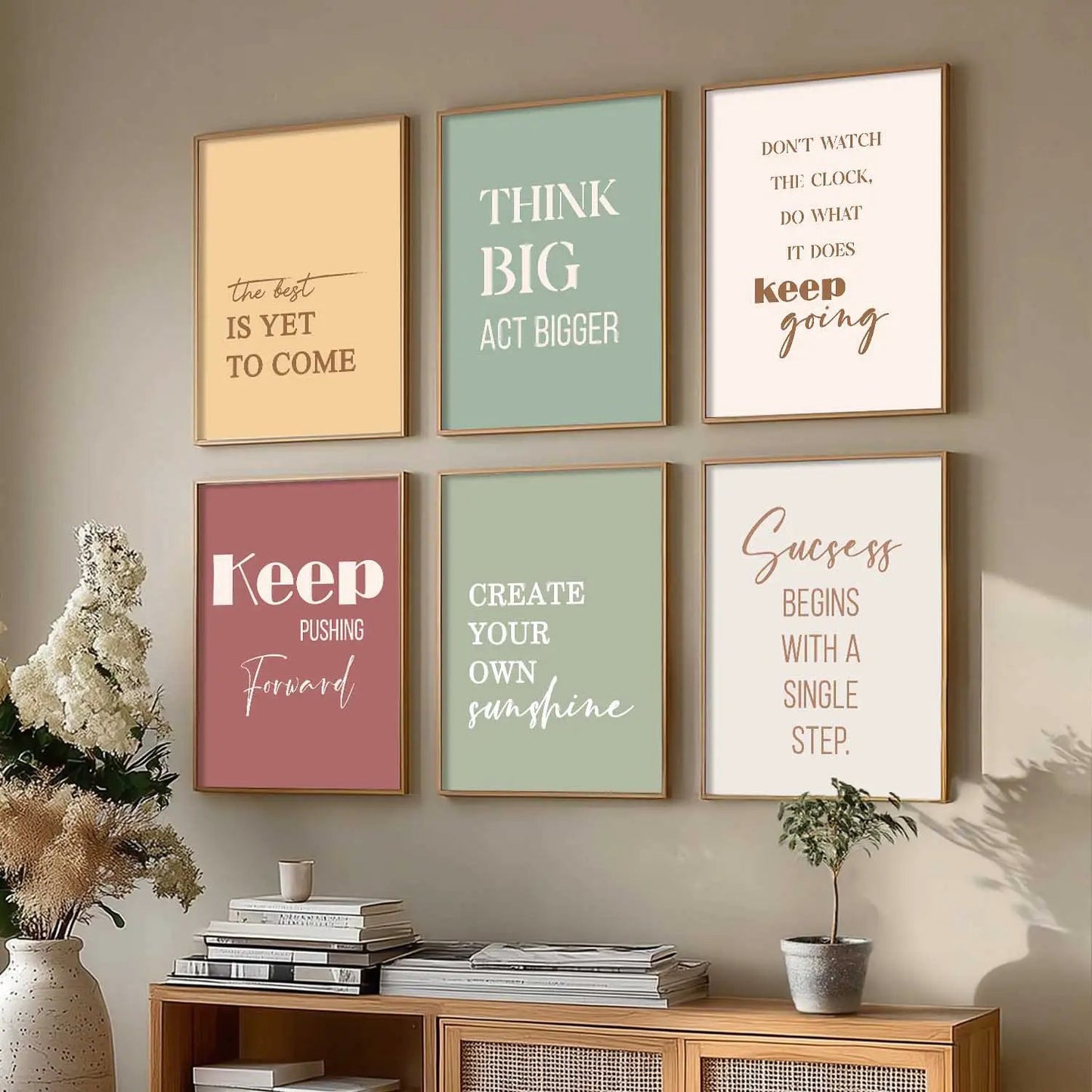 Motivational Quotes Pastel Colors Posters with Frame for Office Living Room Bedroom Study Room School Wall Decor Set of 6