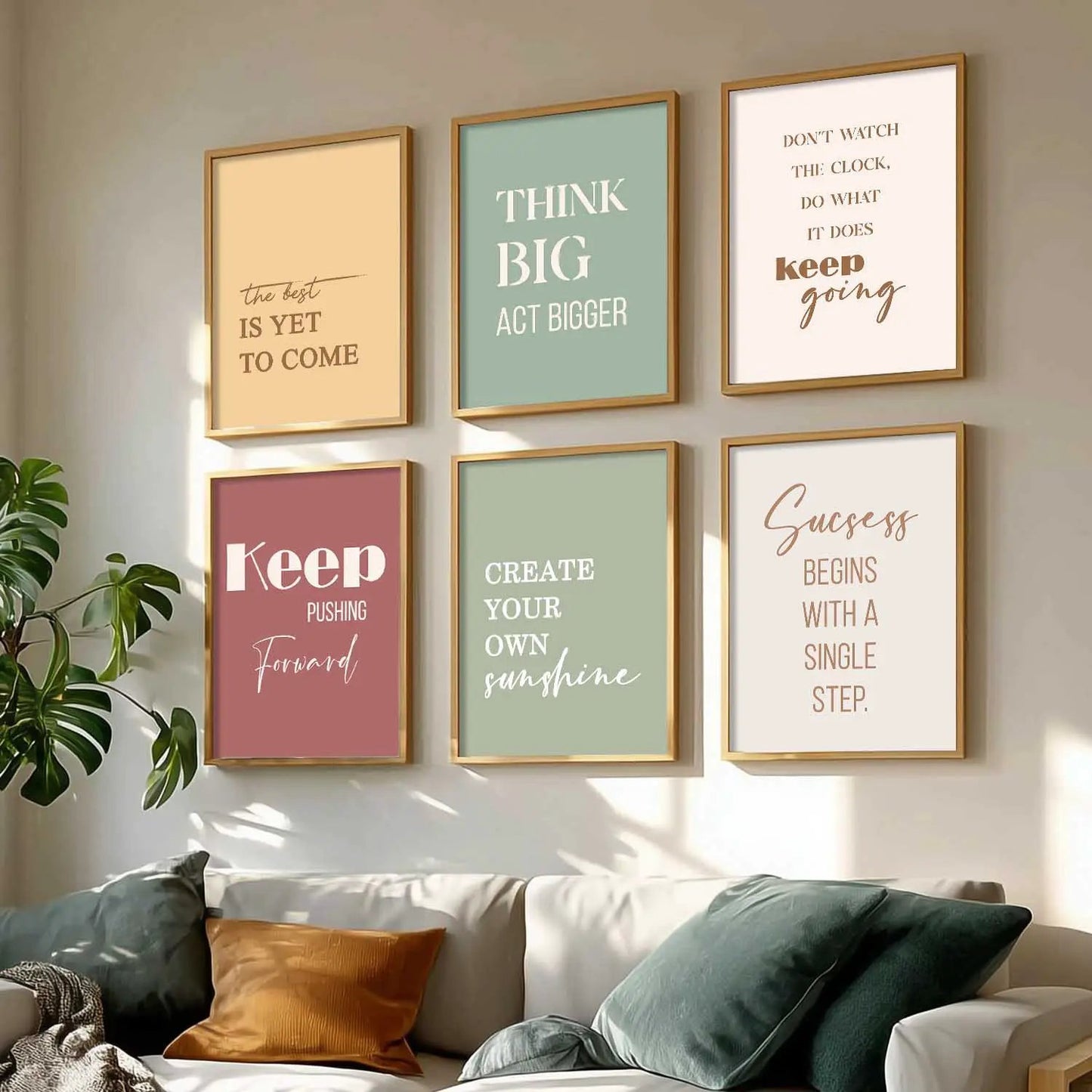 Motivational Quotes Pastel Colors Posters with Frame for Office Living Room Bedroom Study Room School Wall Decor Set of 6