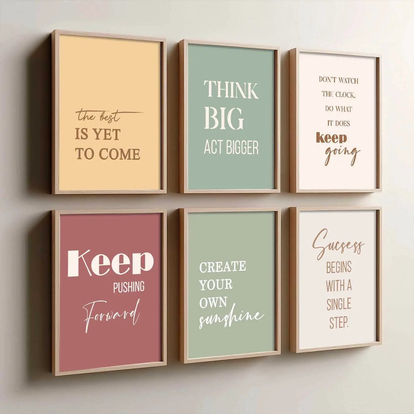 Motivational Quotes Pastel Colors Posters with Frame for Office Living Room Bedroom Study Room School Wall Decor Set of 6