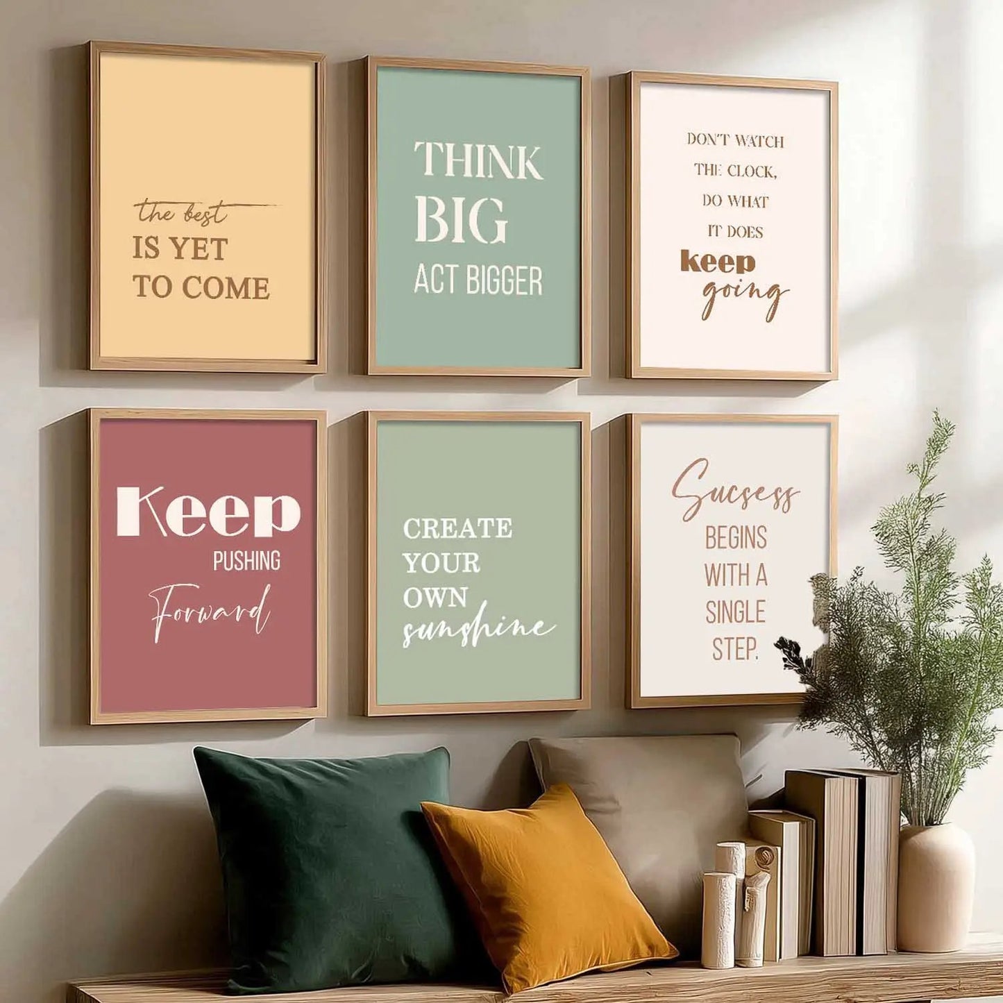 Motivational Quotes Pastel Colors Posters with Frame for Office Living Room Bedroom Study Room School Wall Decor Set of 6