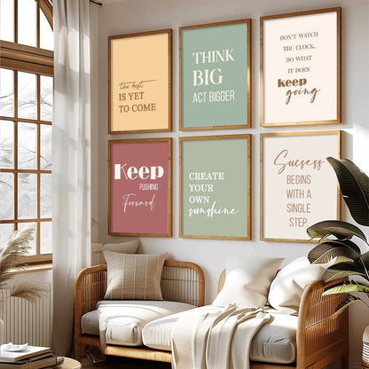 Motivational Quotes Pastel Colors Posters with Frame for Office Living Room Bedroom Study Room School Wall Decor Set of 6