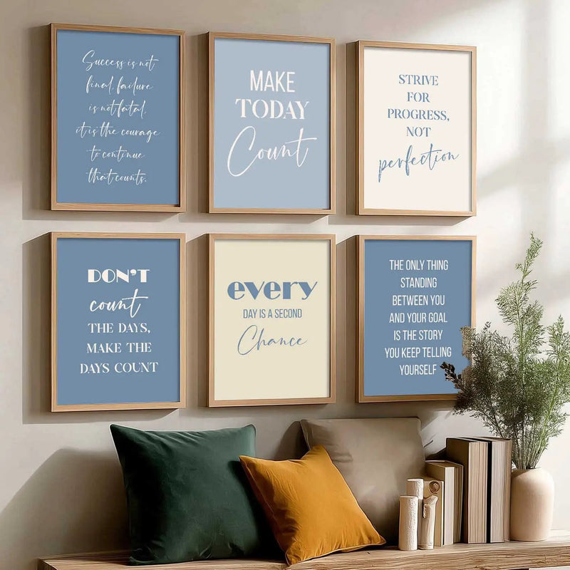 Motivational Quotes Pastel Blue Posters with Frame for Office Living Room Bedroom Study Room School Wall Decor Set of 6