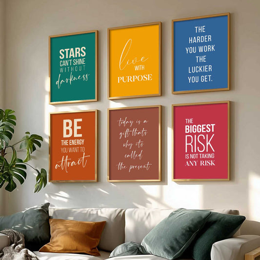 Motivational Quotes Vibrant Colors Posters with Frame for Office Living Room Bedroom Study Room School Wall Decor Set of 6