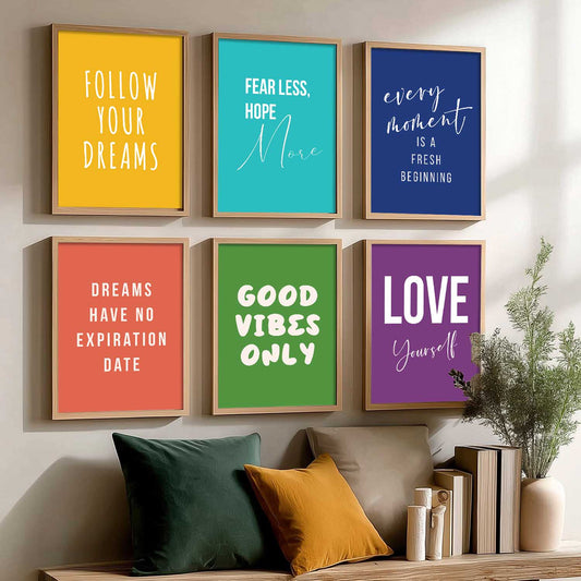 Motivational Quotes Vibrant Colors Posters with Frame for Office Living Room Bedroom Study Room School Wall Decor Set of 6