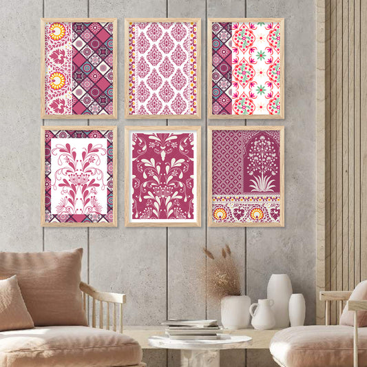 Traditional Indian Prints with Frame for Home Living Room Bedroom and Office Wall Decor Set of 6