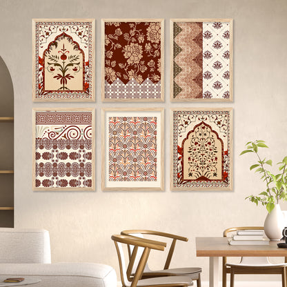 Traditional Indian Prints with Frame for Home Living Room Bedroom and Office Wall Decor Set of 6