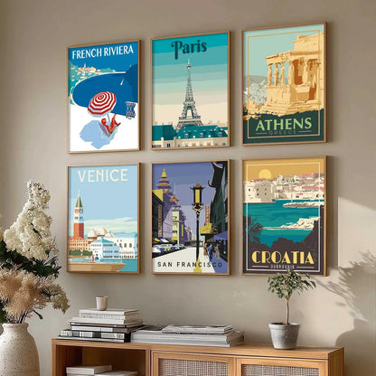 Travel Theme Iconic City View Retro Framed Posters for Wall Decor Set of 6
