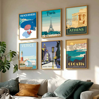 Travel Theme Iconic City View Retro Framed Posters for Wall Decor Set of 6