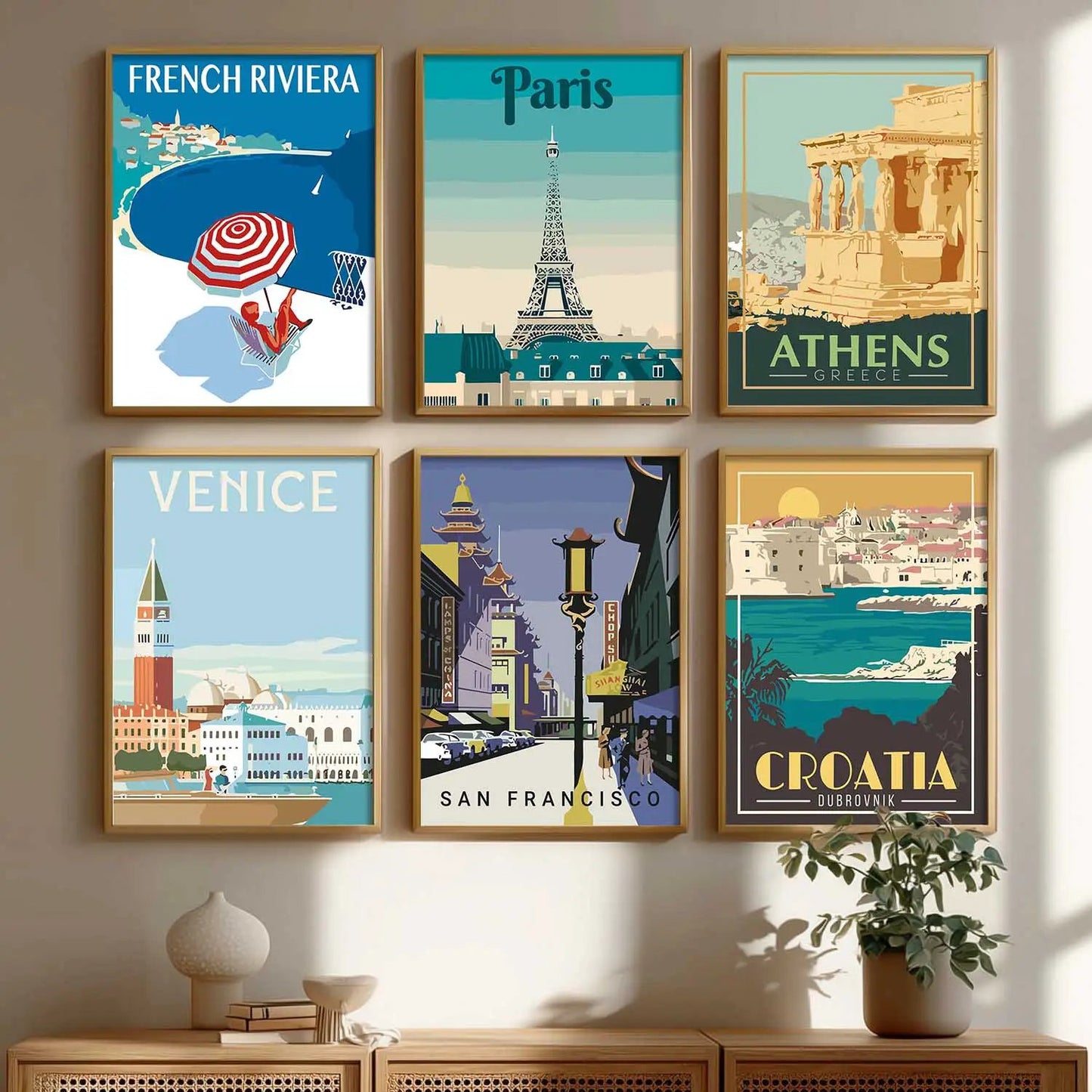 Travel Theme Iconic City View Retro Framed Posters for Wall Decor Set of 6