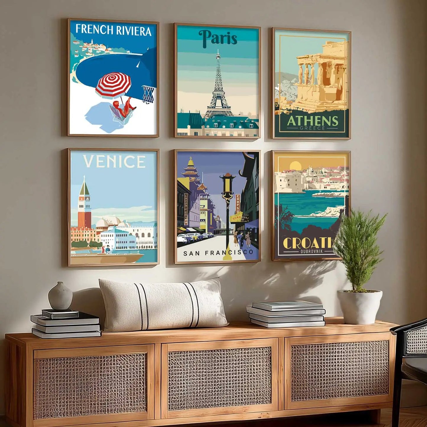 Travel Theme Iconic City View Retro Framed Posters for Wall Decor Set of 6