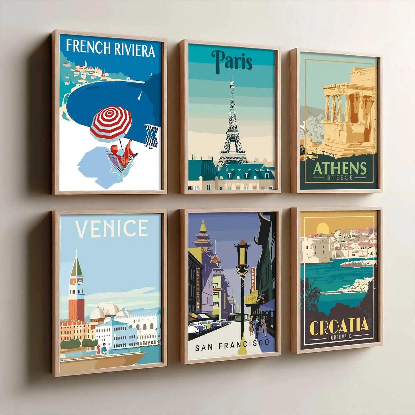 Travel Theme Iconic City View Retro Framed Posters for Wall Decor Set of 6