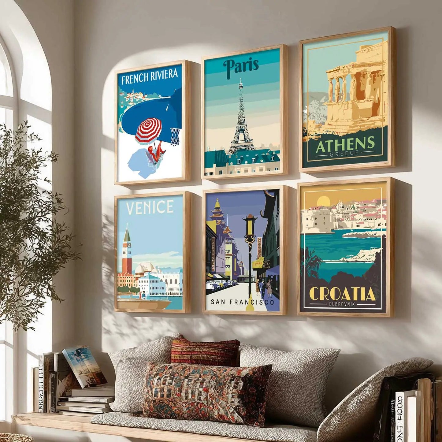 Travel Theme Iconic City View Retro Framed Posters for Wall Decor Set of 6