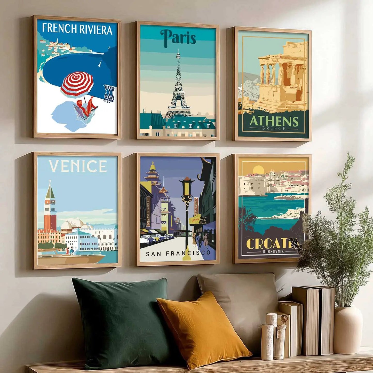 Travel Theme Iconic City View Retro Framed Posters for Wall Decor Set of 6