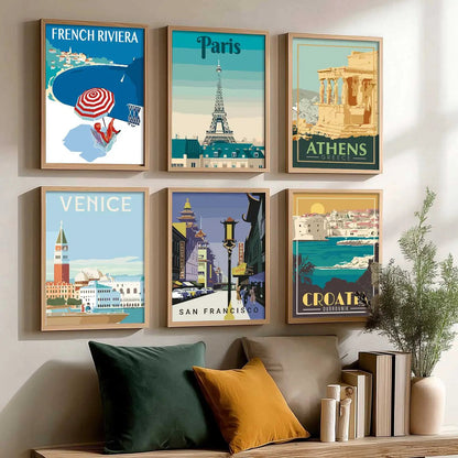 Travel Theme Iconic City View Retro Framed Posters for Wall Decor Set of 6