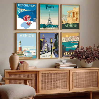 Travel Theme Iconic City View Retro Framed Posters for Wall Decor Set of 6