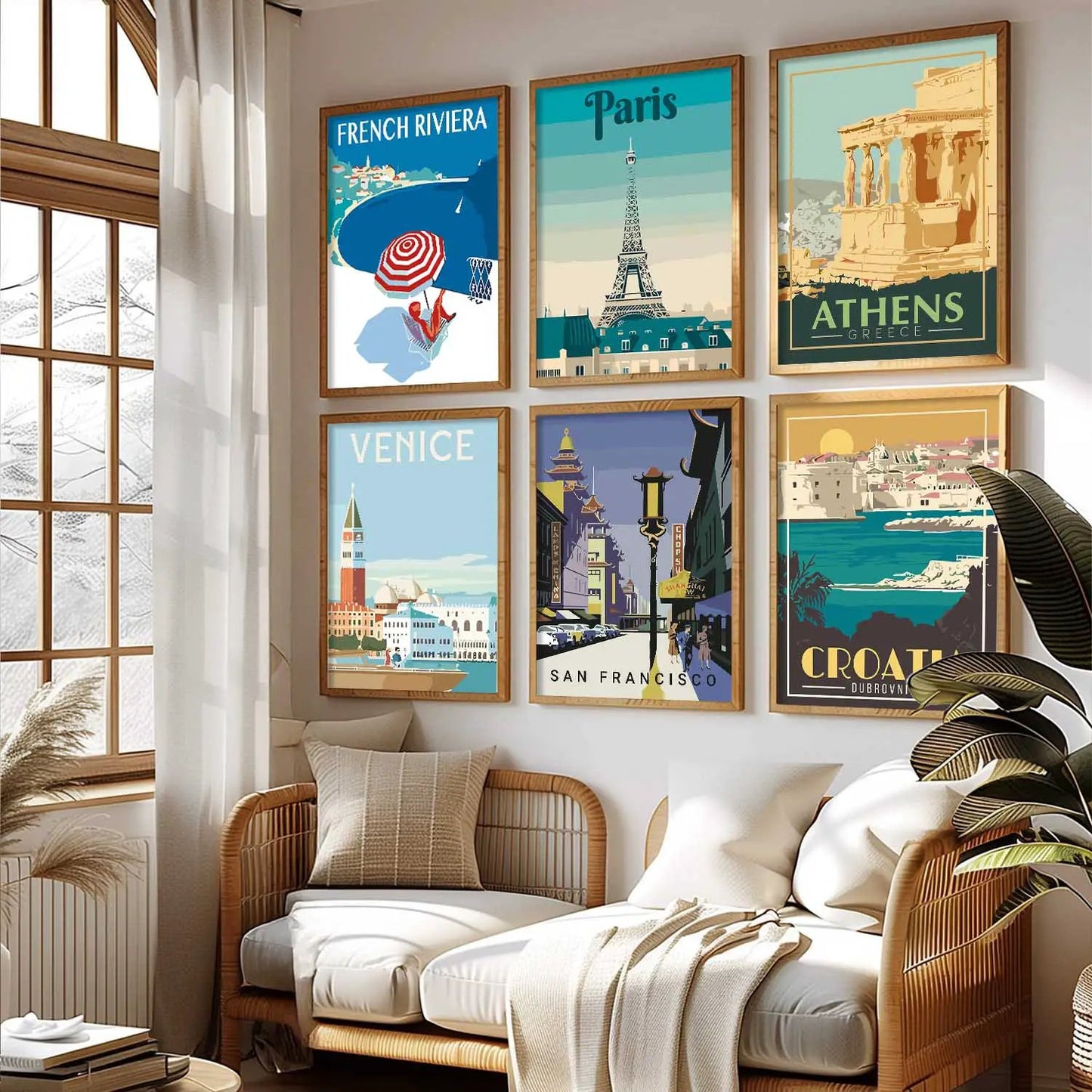 Travel Theme Iconic City View Retro Framed Posters for Wall Decor Set of 6