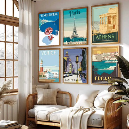 Travel Theme Iconic City View Retro Framed Posters for Wall Decor Set of 6