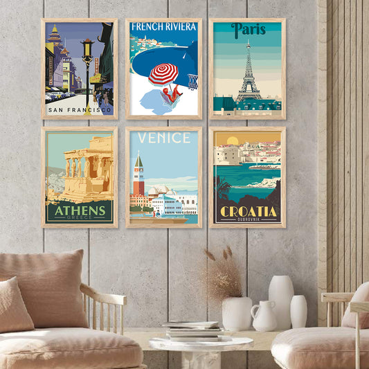 Travel Theme Iconic City View Retro Framed Posters for Wall Decor Set of 6