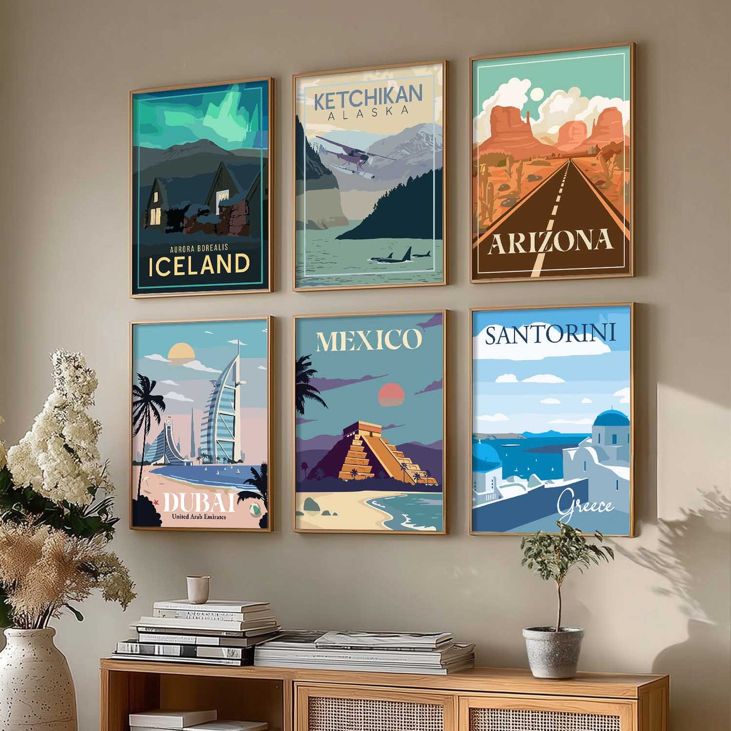 Travel Theme Iconic City View Retro Framed Posters for Wall Decor Set of 6