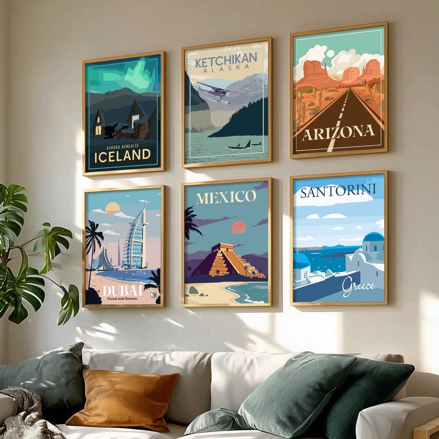 Travel Theme Iconic City View Retro Framed Posters for Wall Decor Set of 6