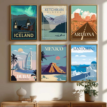 Travel Theme Iconic City View Retro Framed Posters for Wall Decor Set of 6
