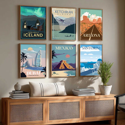 Travel Theme Iconic City View Retro Framed Posters for Wall Decor Set of 6