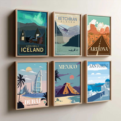 Travel Theme Iconic City View Retro Framed Posters for Wall Decor Set of 6