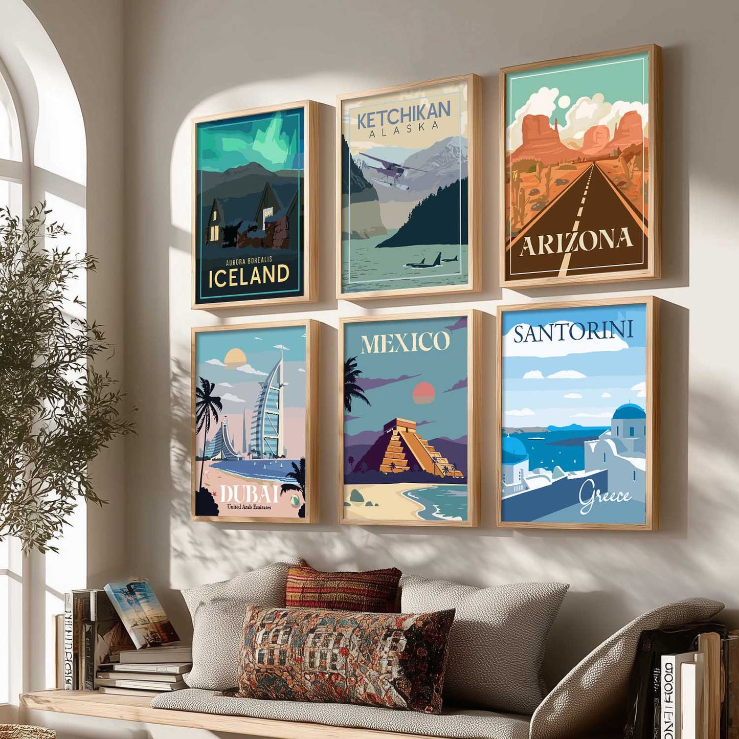 Travel Theme Iconic City View Retro Framed Posters for Wall Decor Set of 6